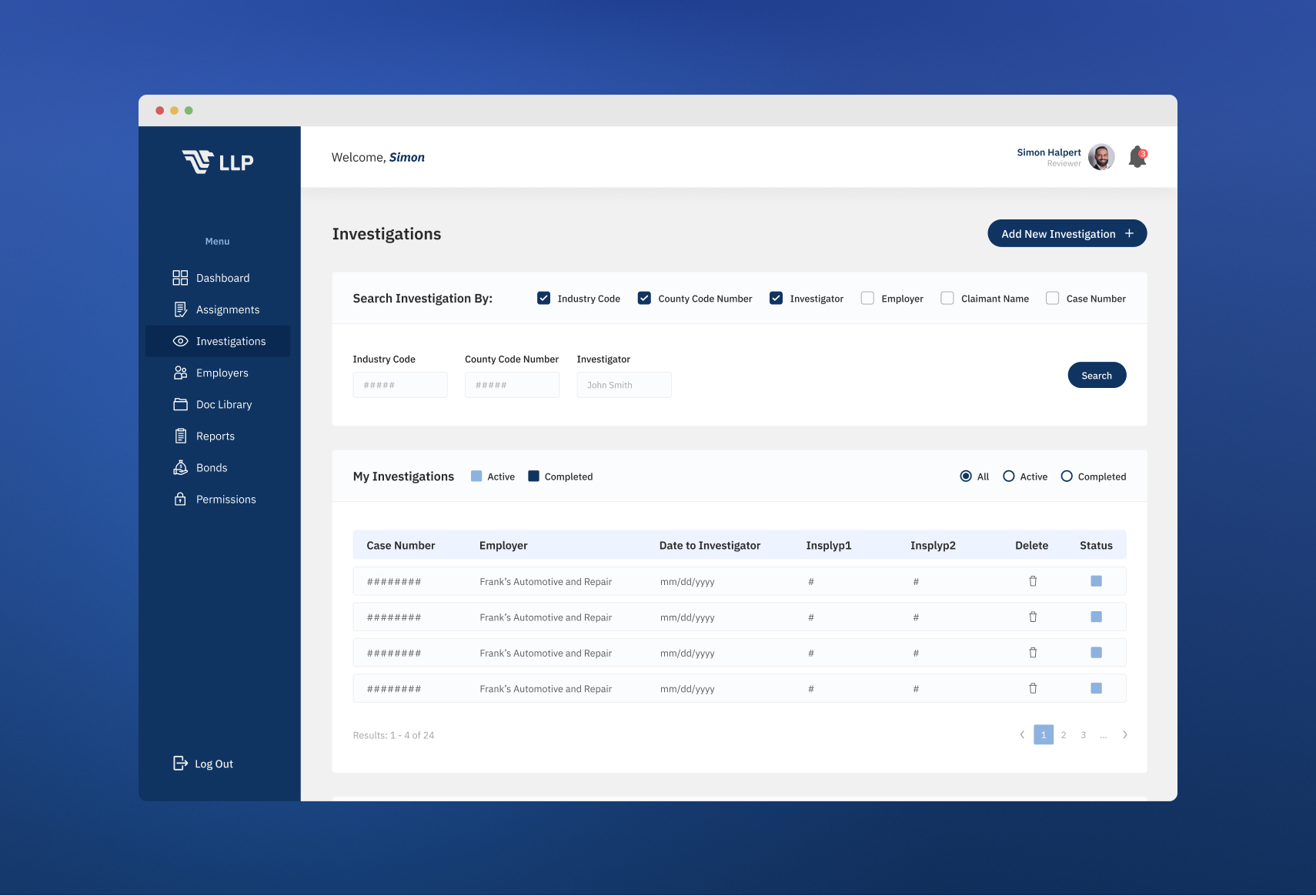Investigation Dashboard Screen